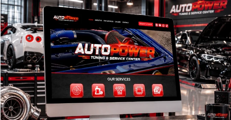 Auto Power Tuning & Service Center website on a desktop monitor in a Durban workshop, designed and built by Dutch Ink
