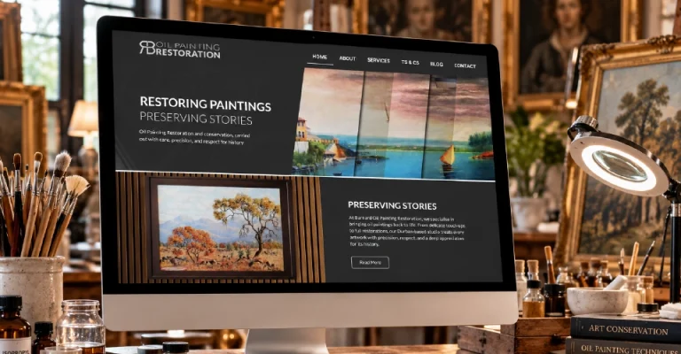 Oil Painting Restoration studio website on a desktop monitor in a Durban restoration studio, designed and built by Dutch Ink