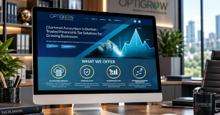 OptiGrow chartered accountants website on a desktop monitor in a Durban accounting office, designed and built by Dutch Ink