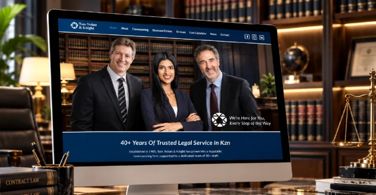 Tate, Nolan & Knight conveyancing law firm website on a desktop monitor, designed and built by Dutch Ink
