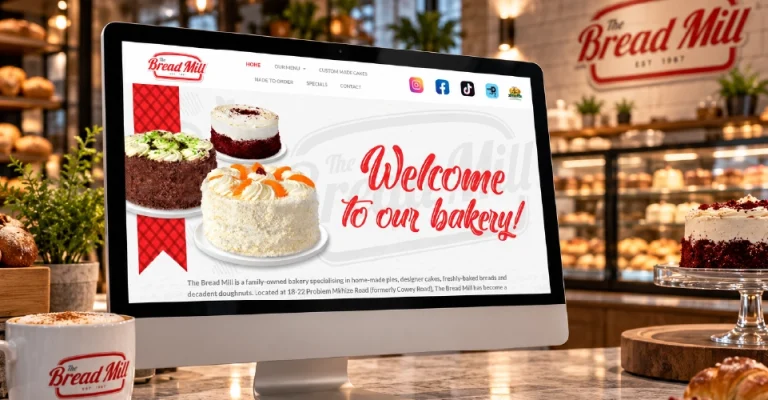 The Bread Mill bakery website on a desktop monitor in a Durban bakery, designed and built by Dutch Ink