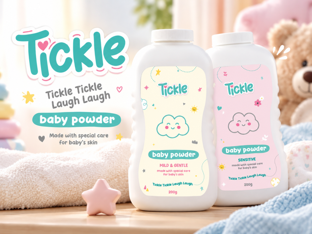 Tickle Baby Powder Mild & Gentle and Sensitive packaging with the Tickle wordmark and a teddy bear