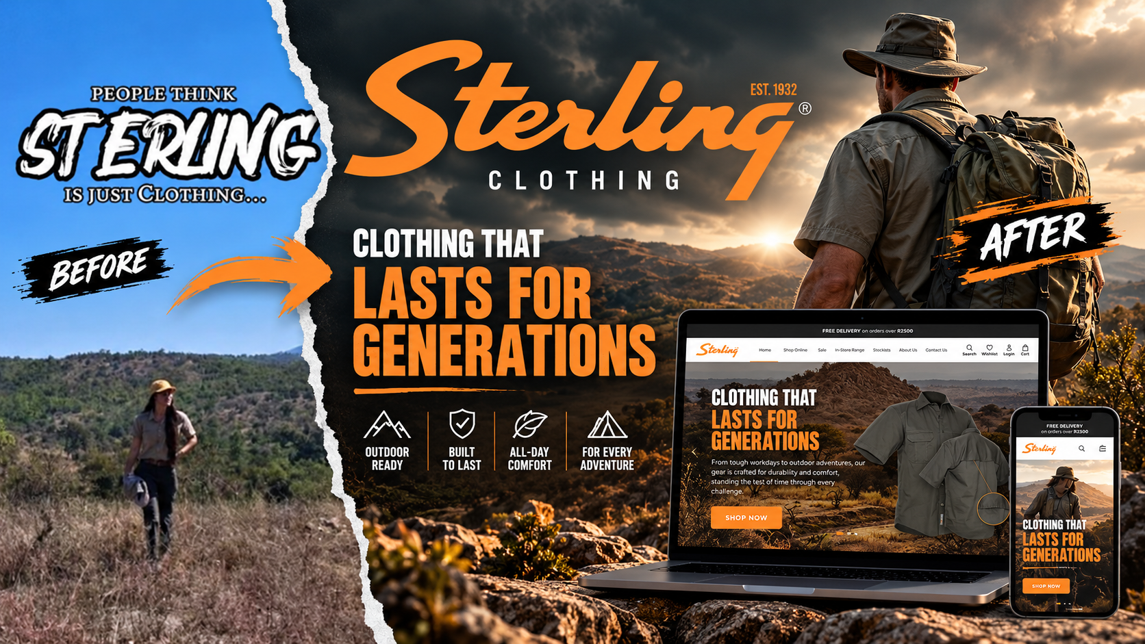 Sterling Clothing before and after brand transformation with the new eCommerce website on laptop and phone