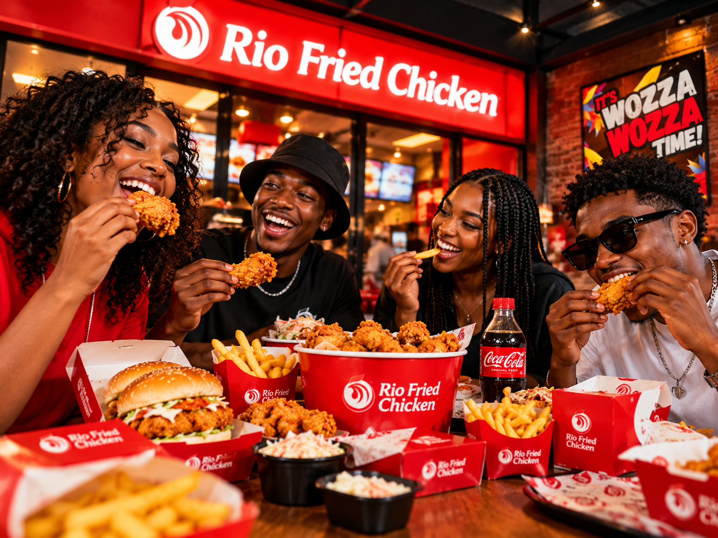 Friends enjoying Rio Fried Chicken burgers, fried chicken and chips at a restaurant table