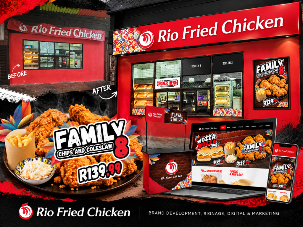 Rio Fried Chicken fast food branding case study banner showing the new storefront, Family 8 meal and website
