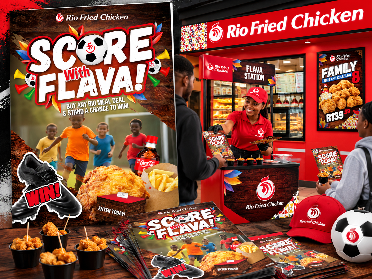 Rio Fried Chicken Flava Station promotional activation and Score With Flava campaign materials