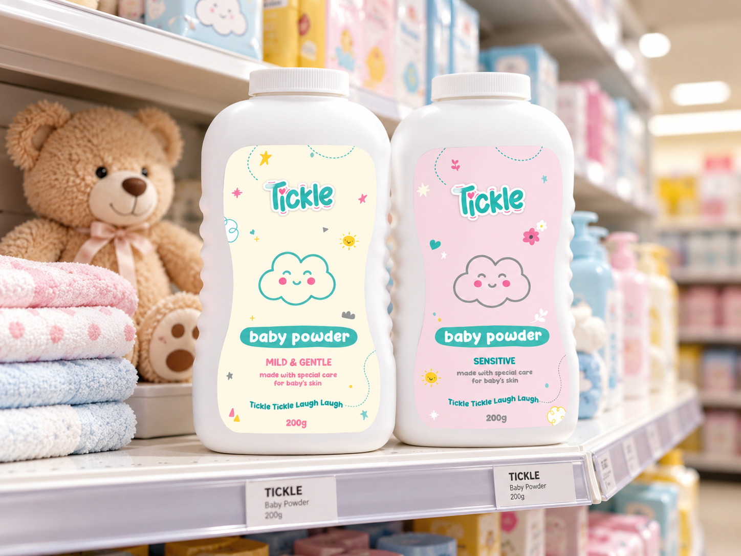 Tickle Baby Powder Mild & Gentle and Sensitive on a retail shelf beside a teddy bear