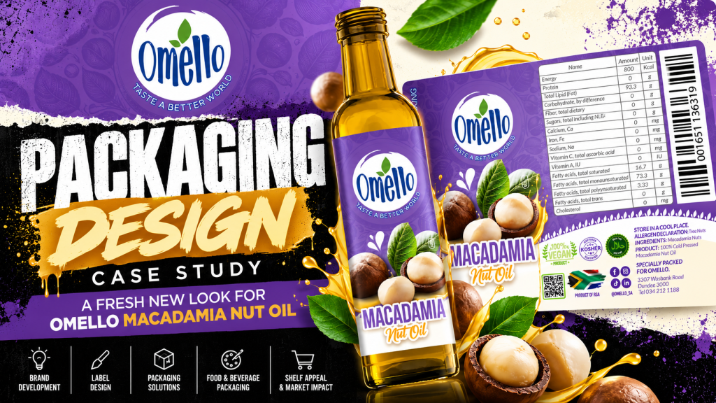 Omello Macadamia Nut Oil packaging design case study banner showing the purple bottle label and flat label artwork