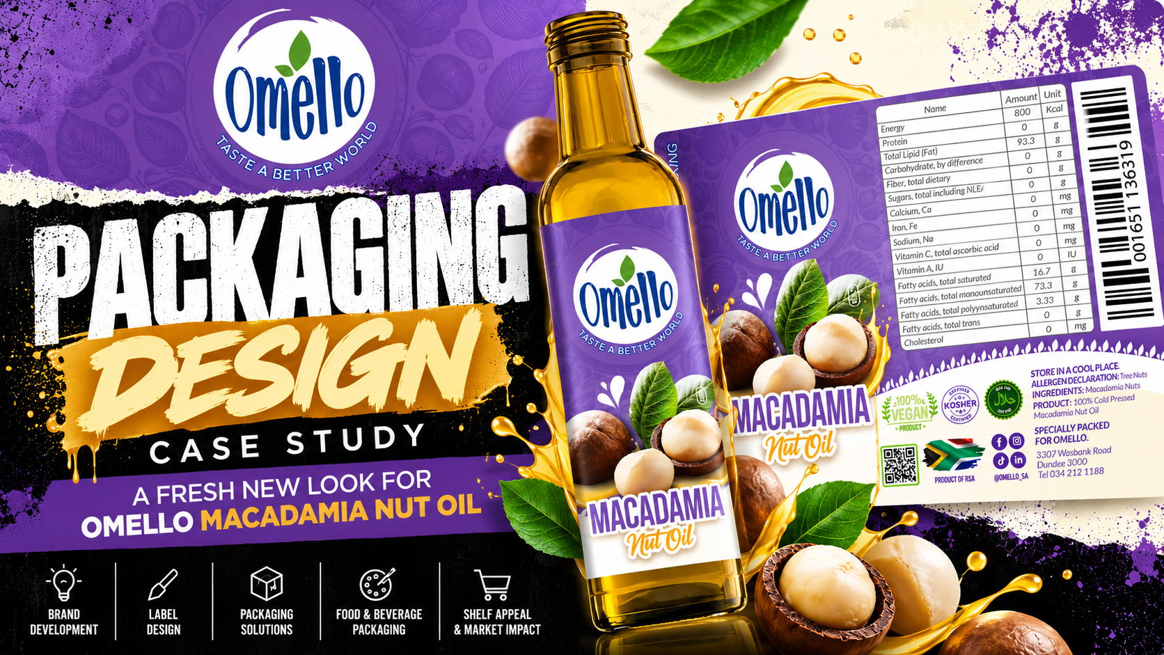 Omello Macadamia Nut Oil packaging design case study banner showing the purple bottle label and flat label artwork
