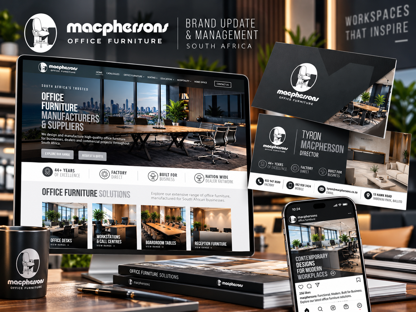 Macphersons Office Furniture brand update and management showing website on laptop and phone, business cards and catalogues