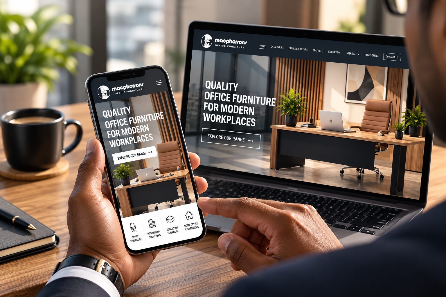 Macphersons Office Furniture responsive website design shown on a smartphone and laptop