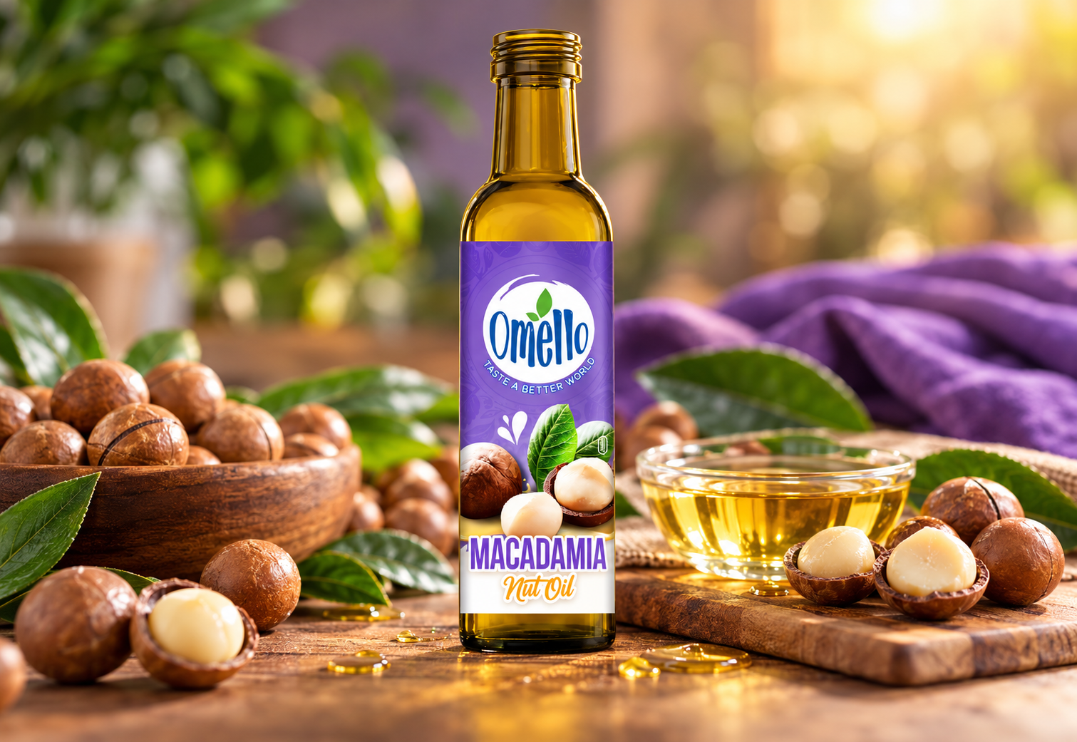 Omello Macadamia Nut Oil bottle with purple label design on a wooden table with macadamia nuts and a bowl of oil