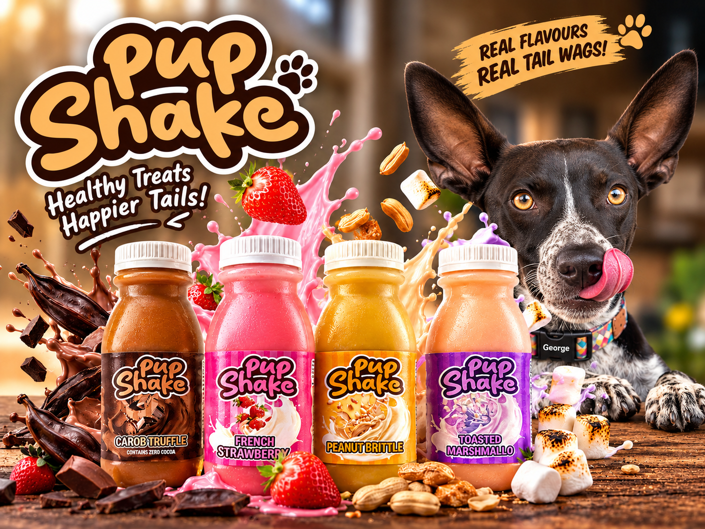 Pup Shake range of four flavoured dog treat bottles with George the dog and the tagline Real Flavours Real Tail Wags