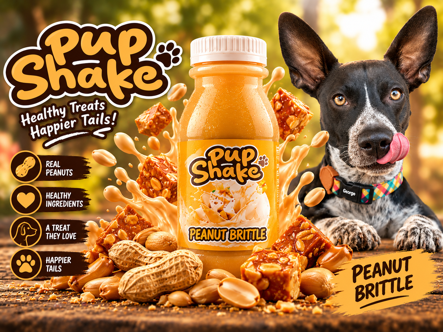 Pup Shake Peanut Brittle dog treat bottle surrounded by peanuts and brittle with George the dog