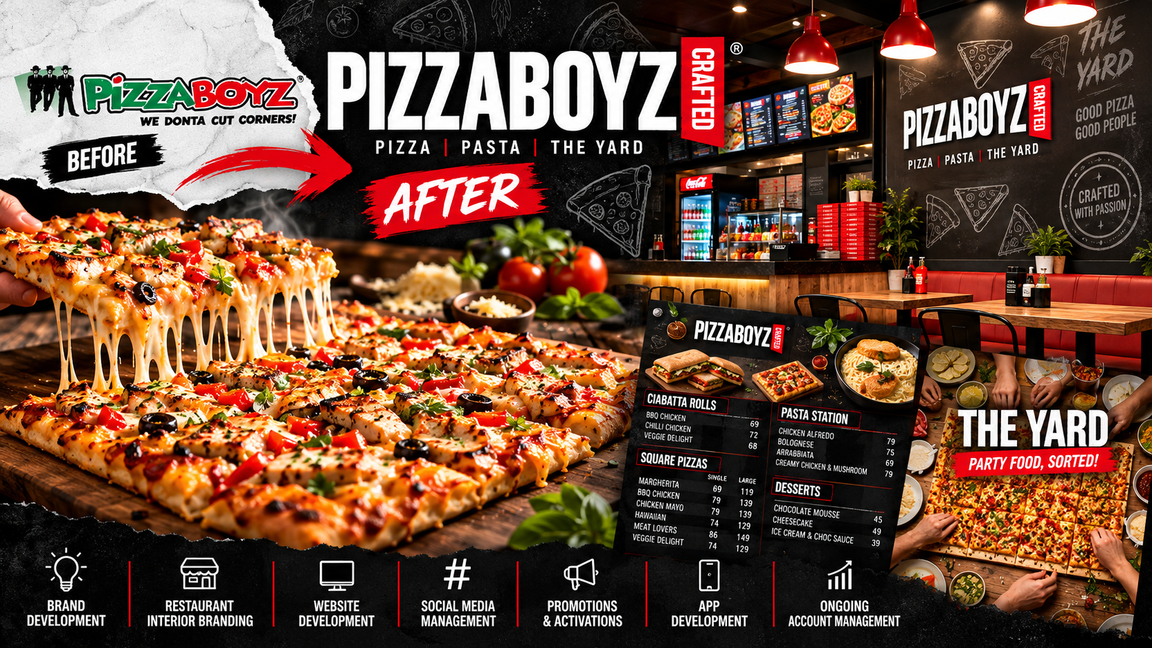 PizzaBoyz restaurant branding case study banner showing the before and after brand transformation