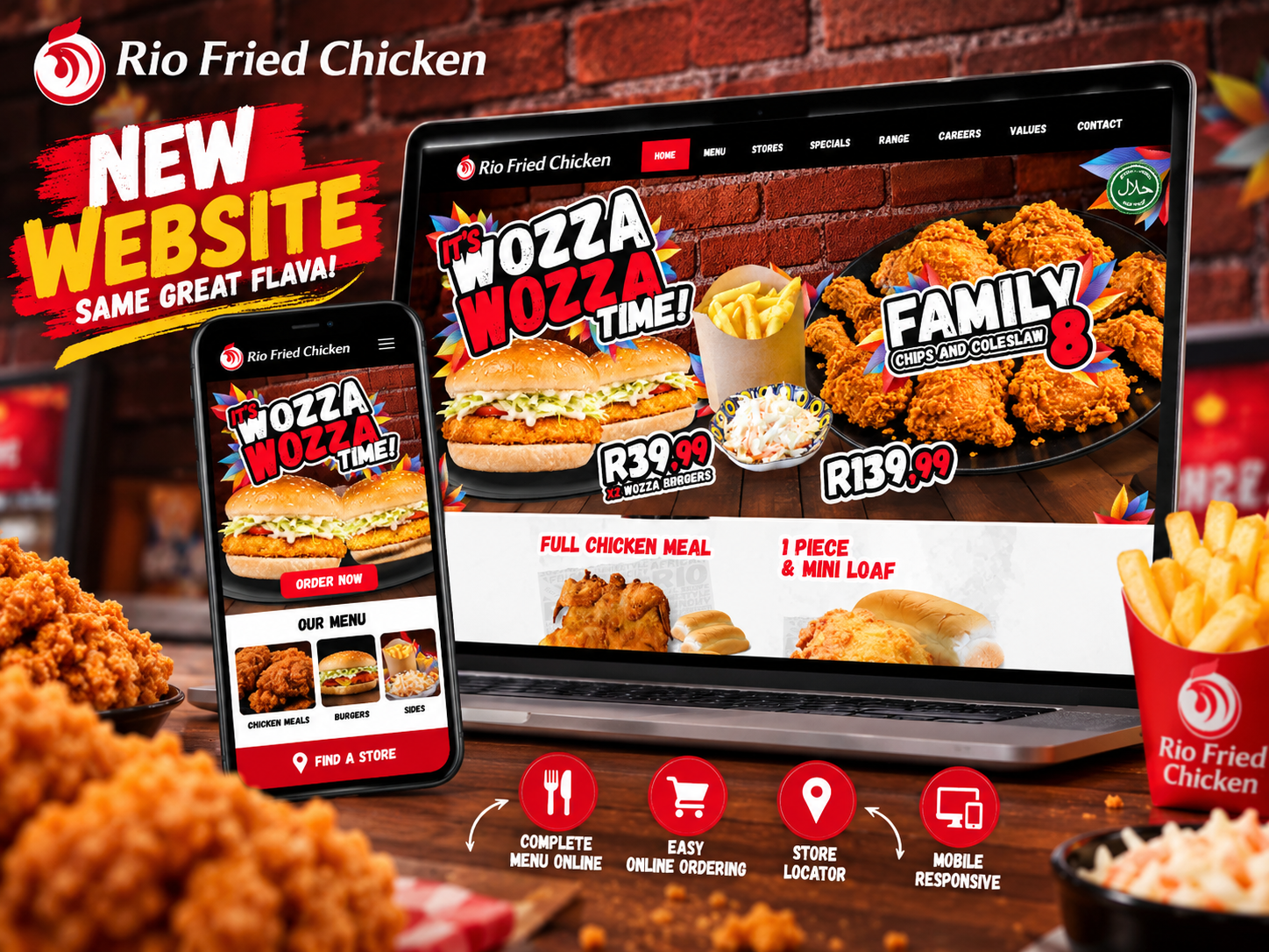 Rio Fried Chicken website design displayed on desktop and mobile with the Wozza Wozza and Family 8 promotions
