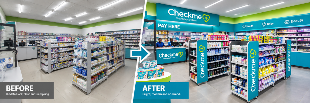 Before and after of a Checkme pharmacy interior, from plain grey shelving to turquoise and lime-green Checkme branding