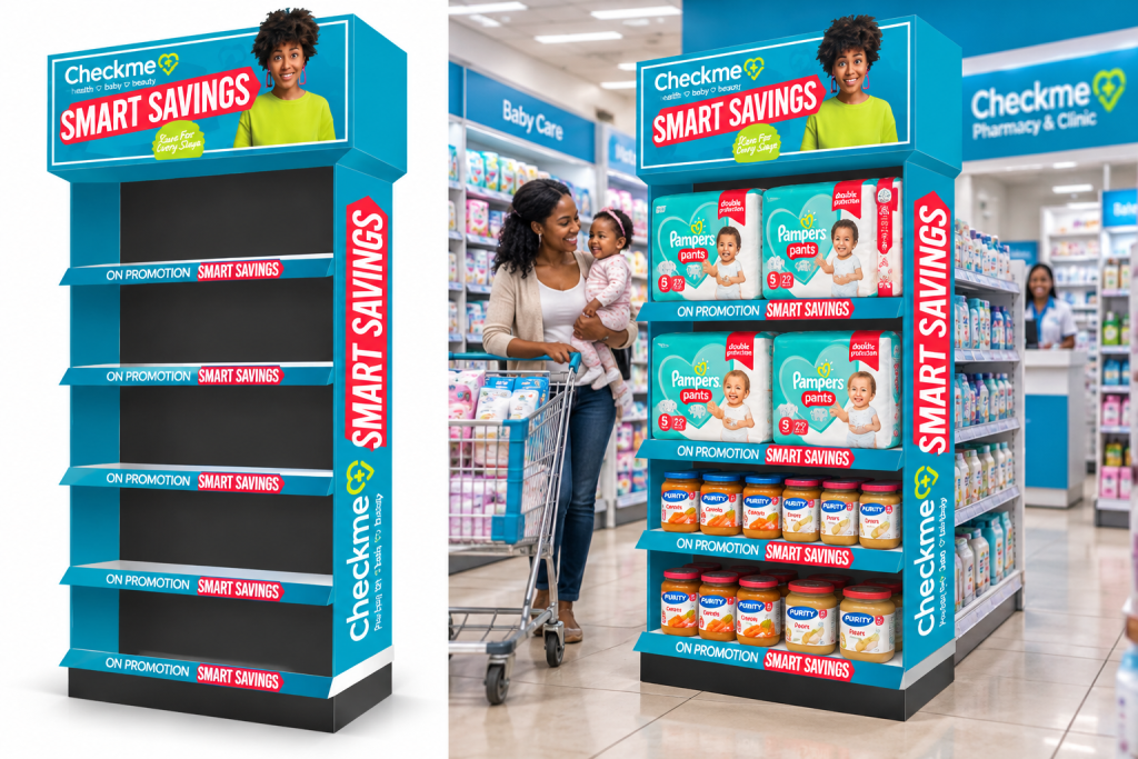 Checkme Smart Savings gondola-end display, shown empty and merchandised with Pampers pants and Purity baby food