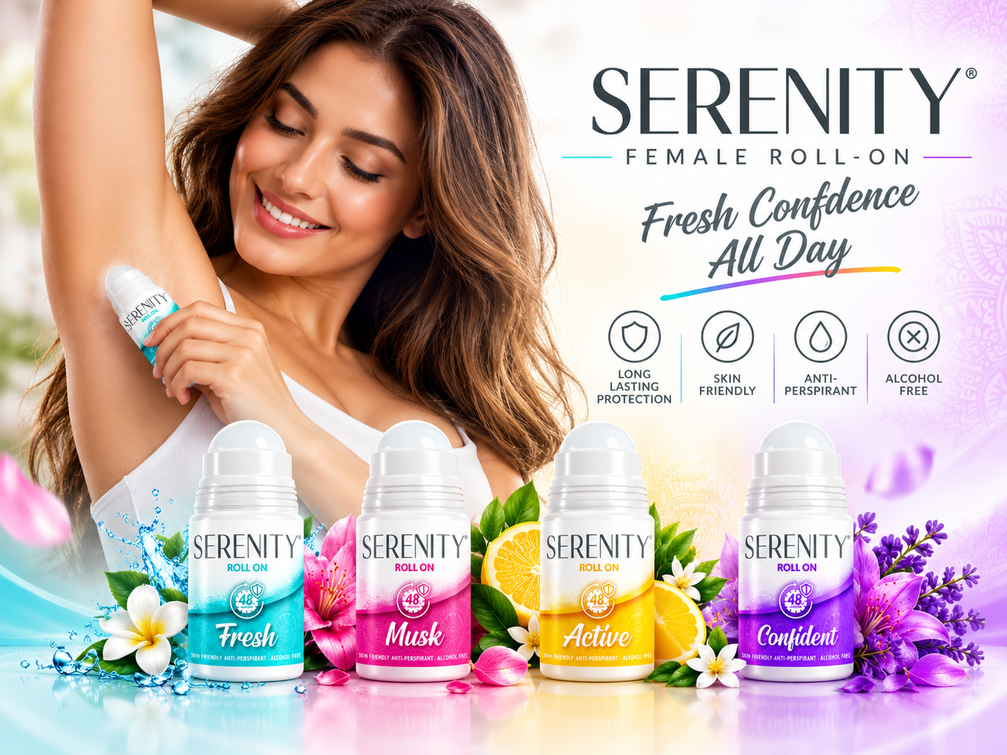 Woman applying Serenity roll-on deodorant above the four-variant range with Fresh Confidence All Day messaging