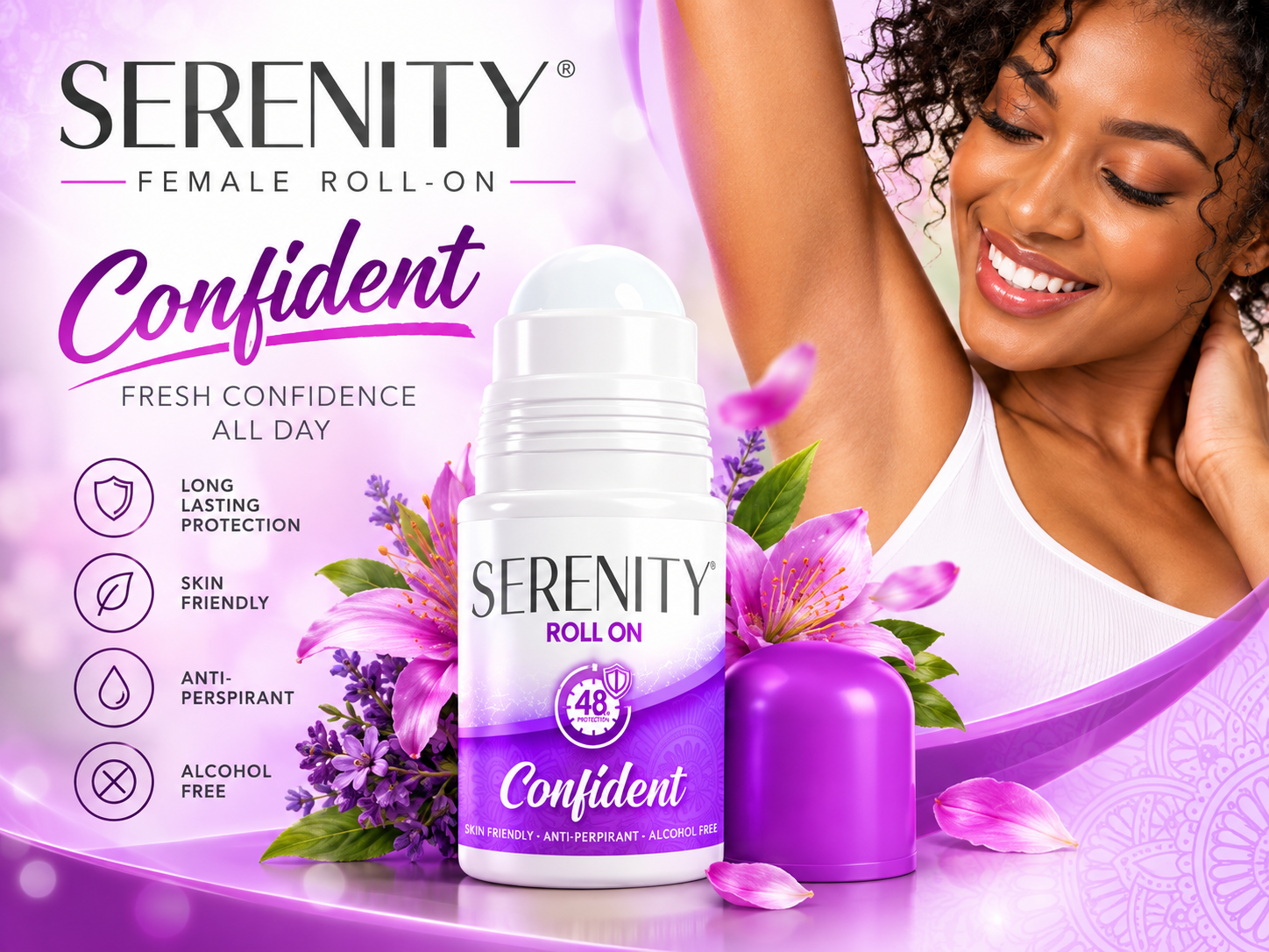 Serenity Confident roll-on deodorant campaign in purple with orchids and a smiling woman