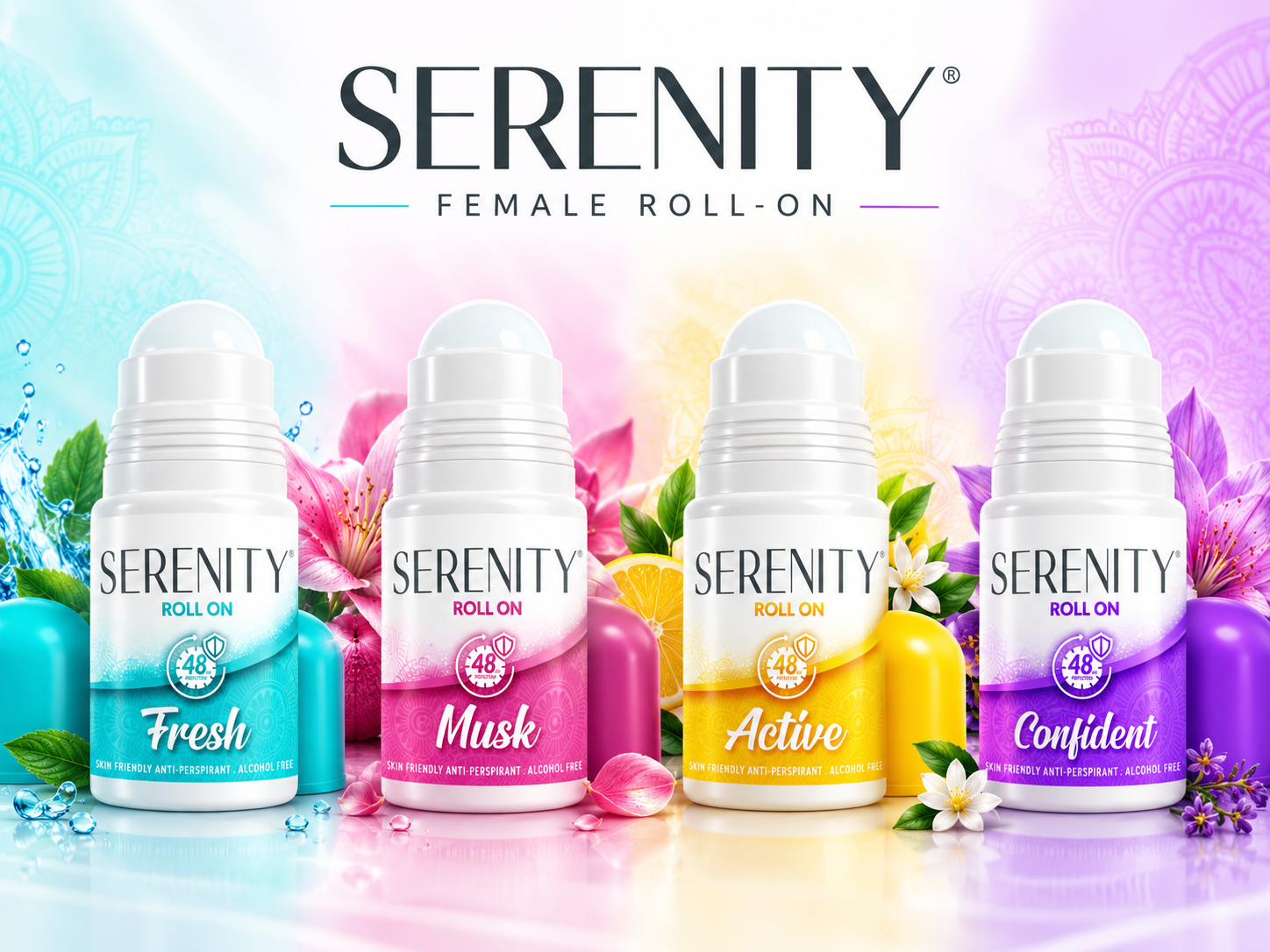 Serenity Female Roll-On deodorant range in Fresh, Musk, Active and Confident with flowers and citrus
