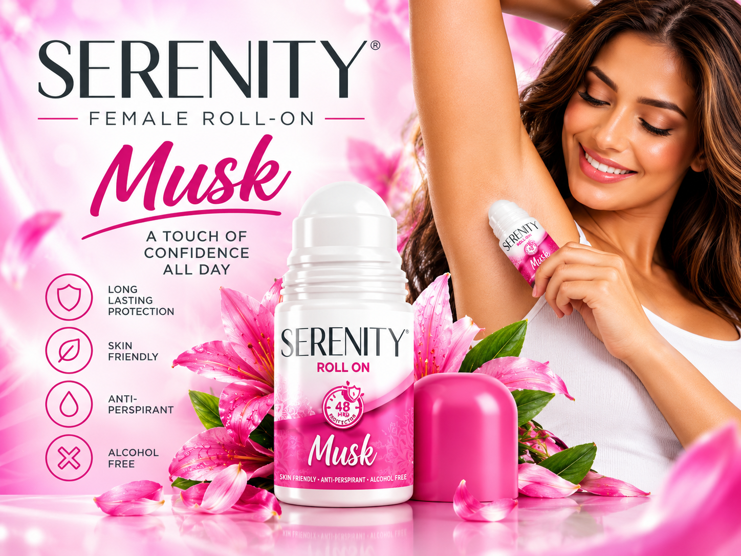Serenity Musk roll-on deodorant campaign in pink with lily flowers and a smiling woman