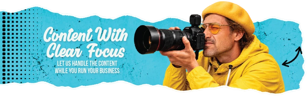 Photographer in a yellow beret and hoodie holding a camera, with the text Content With Clear Focus