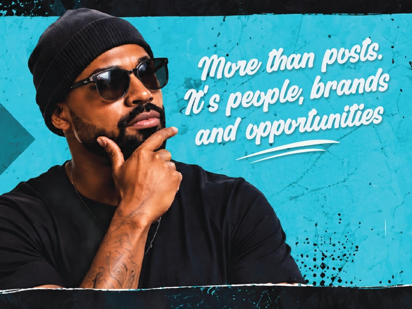 Man in a black beanie and sunglasses thinking, with the text More than posts. It's people, brands and opportunities