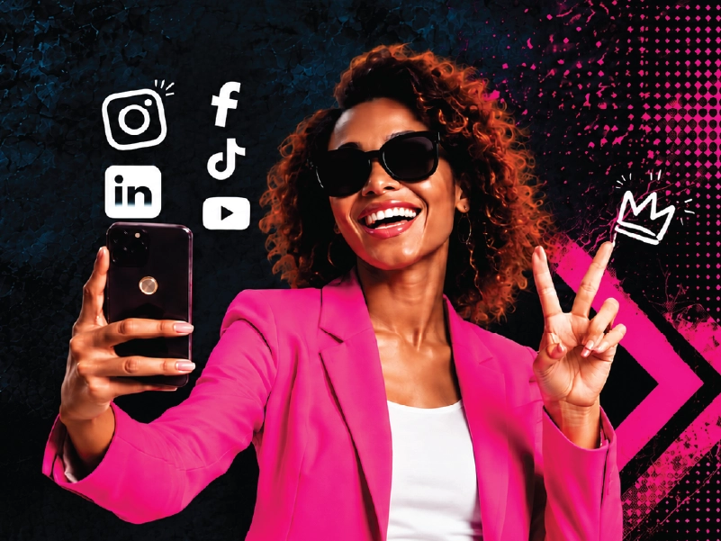 Woman in a pink blazer taking a selfie surrounded by Instagram, Facebook, TikTok, LinkedIn and YouTube icons
