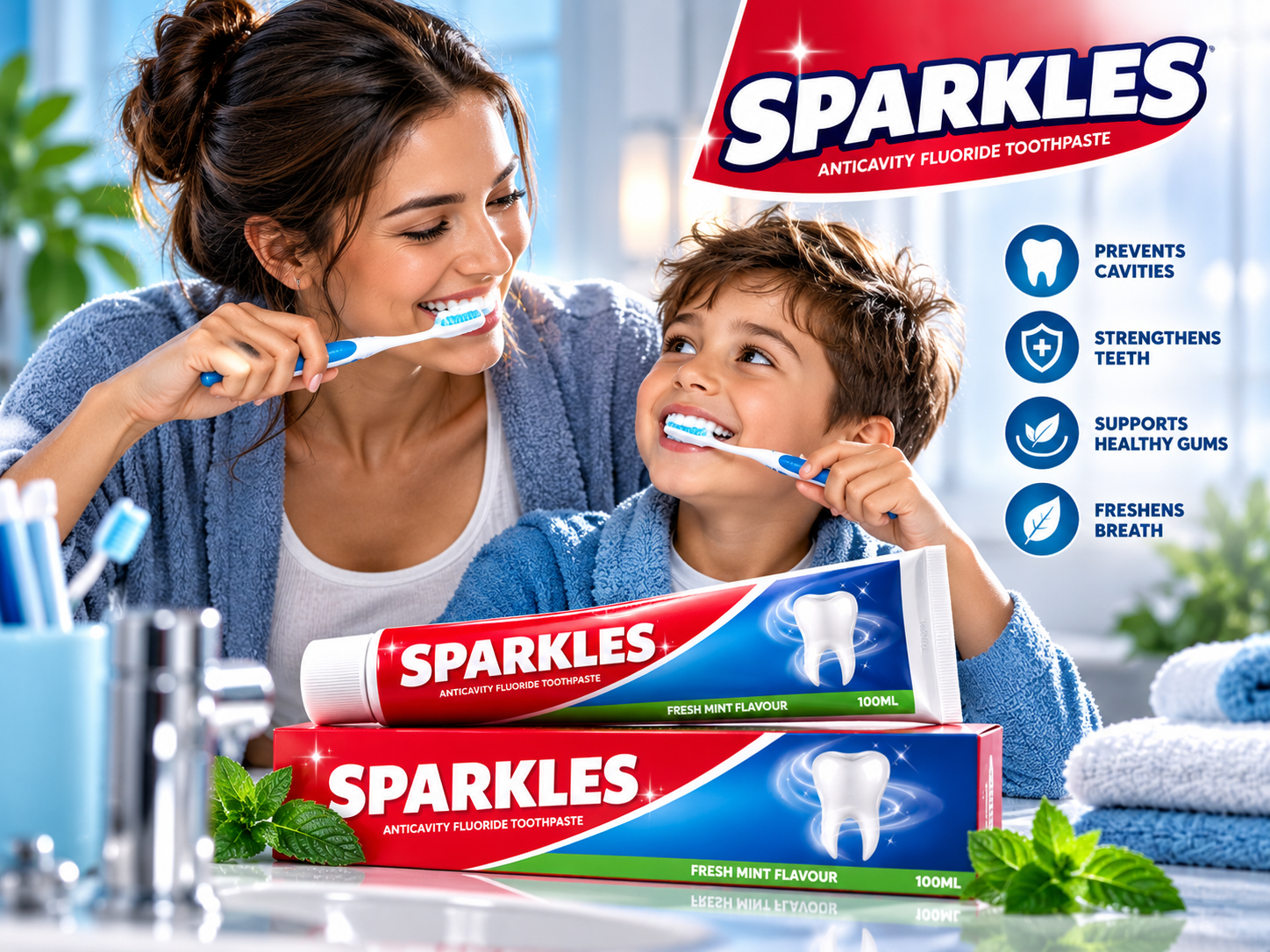 Mother and child brushing their teeth with SPARKLES Anticavity Fluoride Toothpaste tube and carton